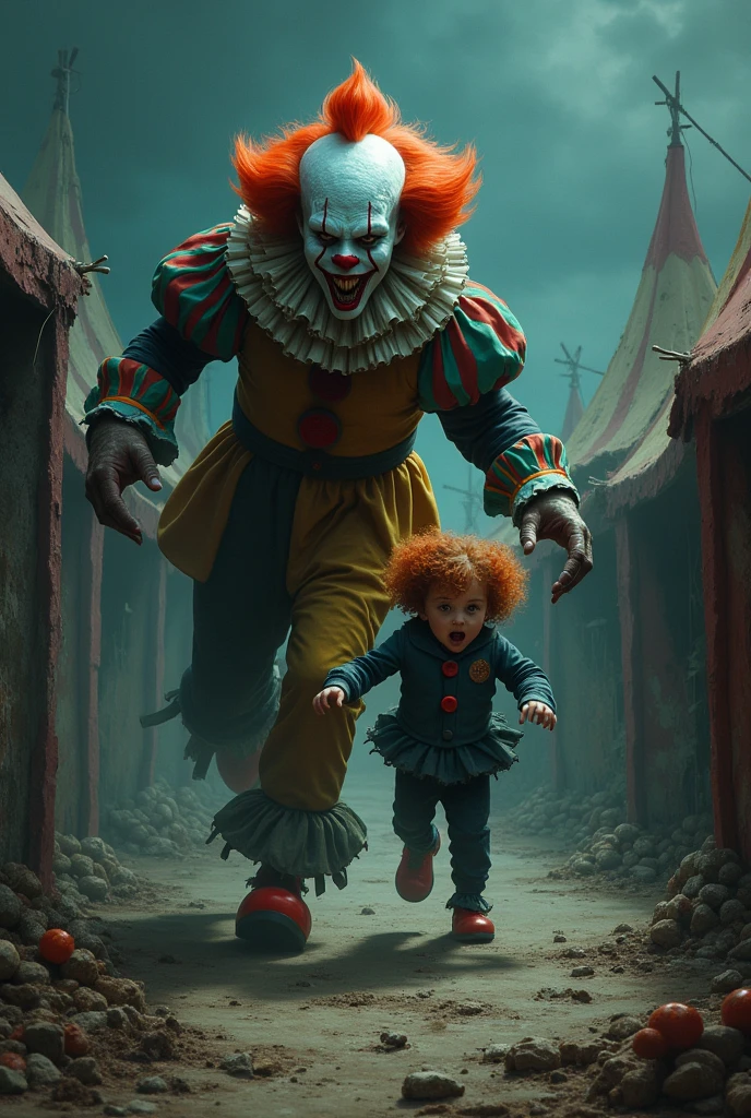 A scary clown grabs a child's hand