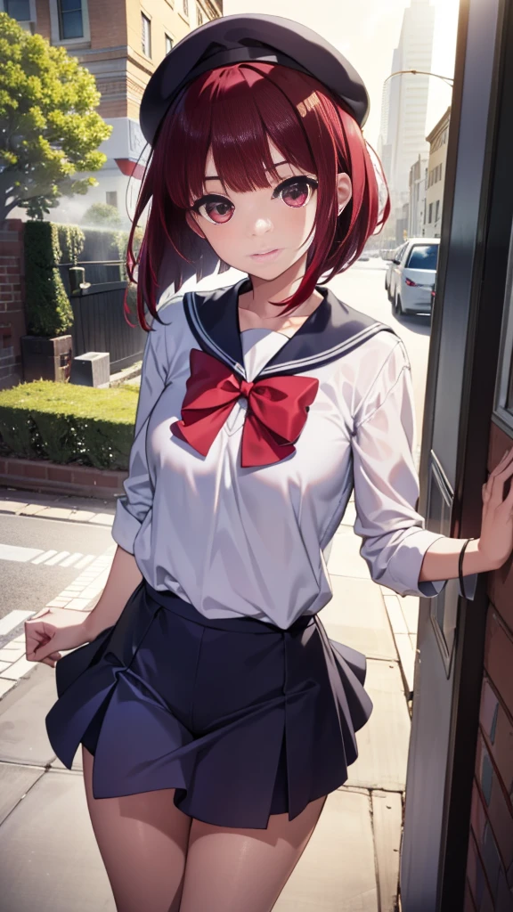 Arima Kana, Arima Kana,  bob cut, (red eyes:1.5),  redhead,  short hair, ,， sailor suit ，hair in the wind，The whole body， school uniform，，beret，Thighs，whole body，smile，whole body，Open your feet wide、I'll show you my pussy
Staring at the audience,
Destroy indoors, garden,
,   best quality ,  high definition , 8k wallpaper, , ( BEAUTIFUL AND DETAILED EYES :1.6),   has a very detailed face ,  perfect lighting,  Highly Detailed CG, (  PERFECT HAND ,   Perfect Anatomy  ),