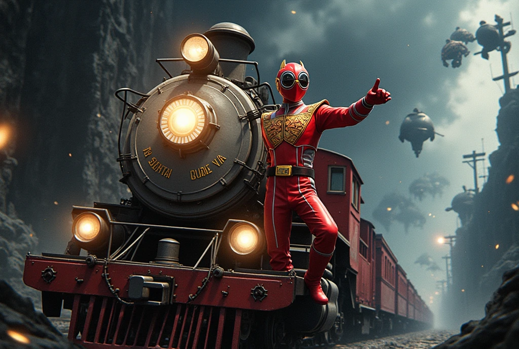 A train running through a different dimensional space in the dark , 列車の先頭に赤い衣装のSentai Heroが乗っている, Sentai Hero, Super Sentai,  red makeover suit , Special Effects, Pointing in the direction of travel,  The hero's eyes are track-shaped goggles ,  A pattern like a route map is drawn on the chest of the hero suit, cowboy shot,  The light runs through the dark ,  scenes from various ages are shown as backgrounds, ((UHD, textured skin, high details, best quality,  highres icon))