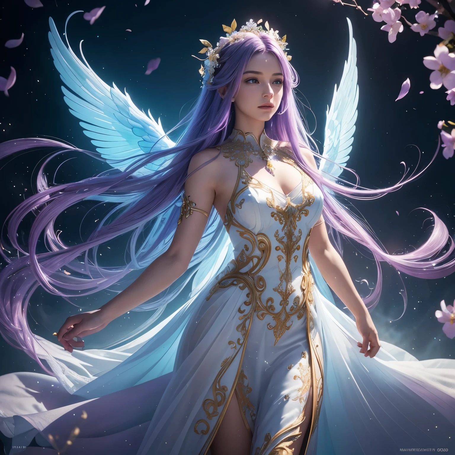 (((masterpiece))), (((best quality))), ((ultra-detailed)),(highly detailed CG illustration), ((an extremely delicate and beautiful)),cinematic light, Create a stunning fantasy artwork that mimics the style of currently trending masters of the genre. The art piece should contain elements of both mythic fantasy and fairytale fantasy with colorful accents. ((Utilize various shades of lilac and watercolor pastels as the main color scheme.)) The character in the artwork is a delicate but strong petite figure with an aura of mystery and magic. Pay close attention to intricate facial features, such as mesmerizing blue eyes, full lips and bold shading. The character's clothing should be designed with gossamer feathers, silk, stunning embroidery, and subtle iridescent details. Her hair must be lilac and long. Incorporate dreamy colors, dynamic lighting, and detailed background elements to create a sense of awe and immersion. Include colorful flying magical birds and jewel-toned butterflies radiating a magical aura. Consider the latest trends in fantasy art, such as incorporating unique lighting effects, exploring dynamic and compelling composition techniques, and experimenting with unique color palettes. Take inspiration from the top artists on ArtStation and Midjourney. Camera: Choose an angle that highlights the character's beauty and enhances the magical majesty of the artwork. Lighting: Utilize atmospheric lighting techniques to create depth and mood. Resolution: Aim for a high-resolution artwork to showcase intricate details and clarity. Art Inspirations: Seek inspiration from the trending artists on ArtStation, exploring different styles, genres, and themes.