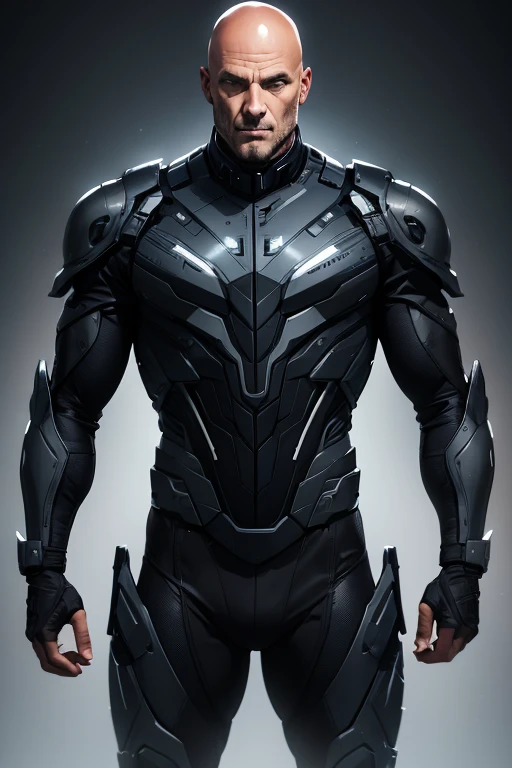 A man in a gray and black technological suit. Half bald, 50 years old.