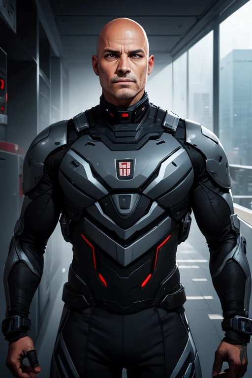 A man in a gray and black technological suit. Half bald, 50 years old.