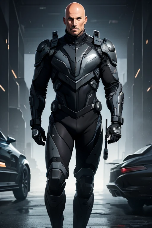 A man in a gray and black technological suit. Half bald, 50 years old.