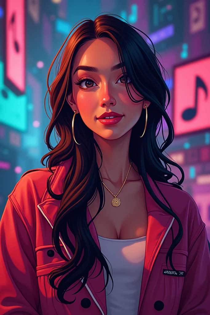 woman with medium hair, very curly and frizzy black hair with white streak in the front, rosy lips, black eyes, fat and wide face, woman with cell phone in hand,  gamer clothes, styled, Disney movies