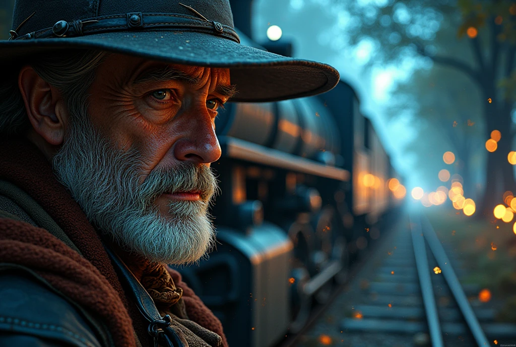 A train running through a different dimensional space in the dark ,  runs on rails of light, cowboy shot, Light and a pocket watch run through the dark,  scenes from various ages are shown as backgrounds, ((UHD, textured skin, high details, best quality,  highres icon))