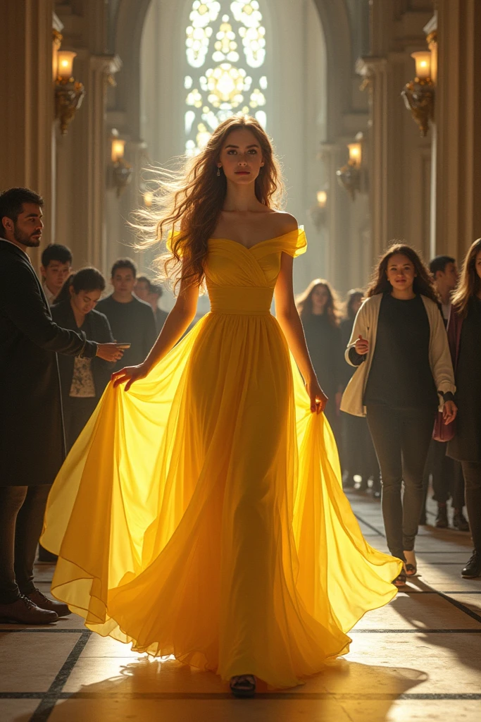 Bee girl with elegant dress boobs, big brown hair walked into Prada store