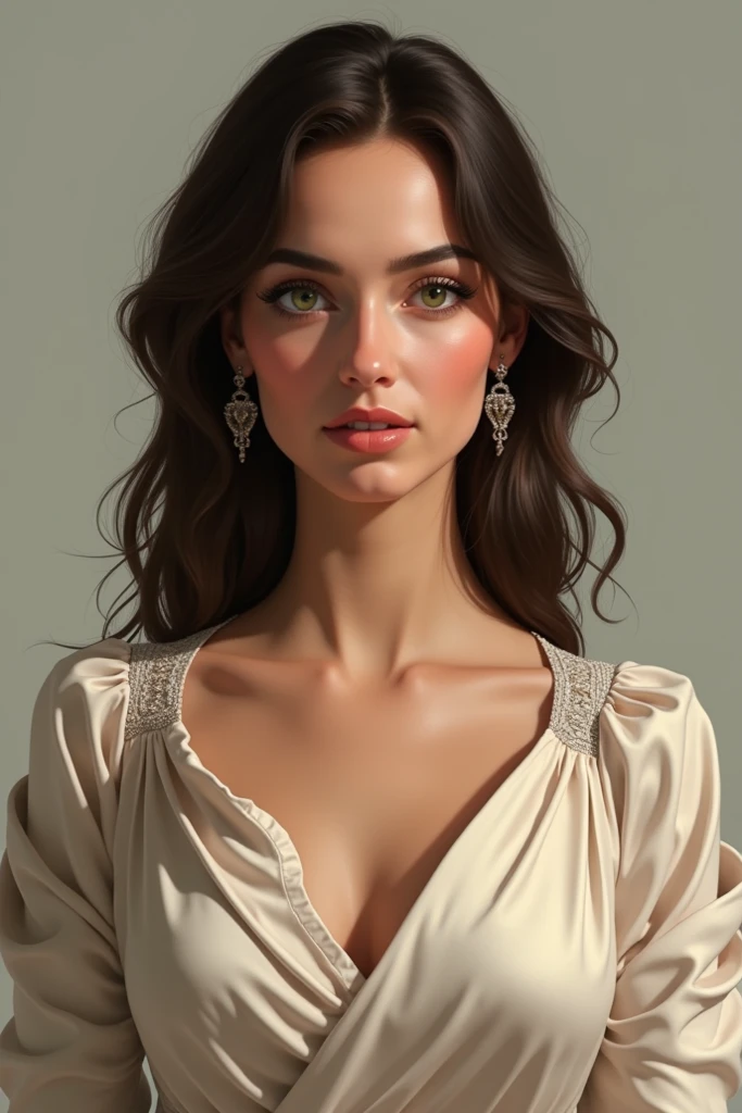 (GeGe:1.8), woman, brunette, brown eyes, (freckles: 1.6), Create a hyperrealistic digital matte painting portraying a flawless, young woman with (long, flowing brown hair:1.3) against a textured beige background. Rendered with intricate skin texture, sharp focus on facial features, and fluid, dynamic brushstrokes for hair and clothing. Her beauty is truly striking with her glossy, slightly parted lips and how her dark smokey eye makeup accentuates her (intense, sultry and alluring gaze:1.3) akin to 'bedroom eyes'. She is (barely wearing:1.2) a loosely undone, multicolored, (delicate silk robe:1.4) which has (seductively slipped off:1.3) half of her body, revealing her bare shoulder and (entire left breast:1.5) while the other remains (teasingly hidden:1.1). Her breasts are very large and perky with erect nipples. She adorns delicate jewelry, including earrings and a pendant necklace. The overall atmosphere arouses feelings of (sensuality, desire:1.4), and boldness in the viewer. Theme: A fusion of traditional femininity and natural beauty with artistic expression.