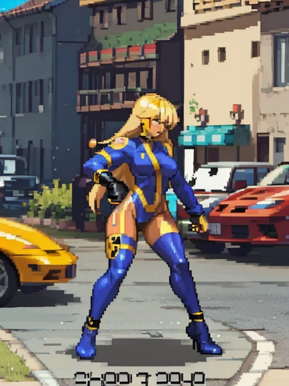 a black woman with blond hair , wearing sexy ninja clothes on a street from the 2000s.  with a full body.
