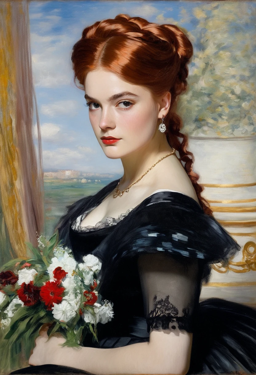 young Sophie Alexandra Skelton in a black dress with a bouquet of flowers, Portrait of an actress, red hair, inspired by Franz Xaver Winterhalter , Portrait of Lolita, Auguste Renoir , Degas, portrait of a young empress , young woman , , portrait of young woman