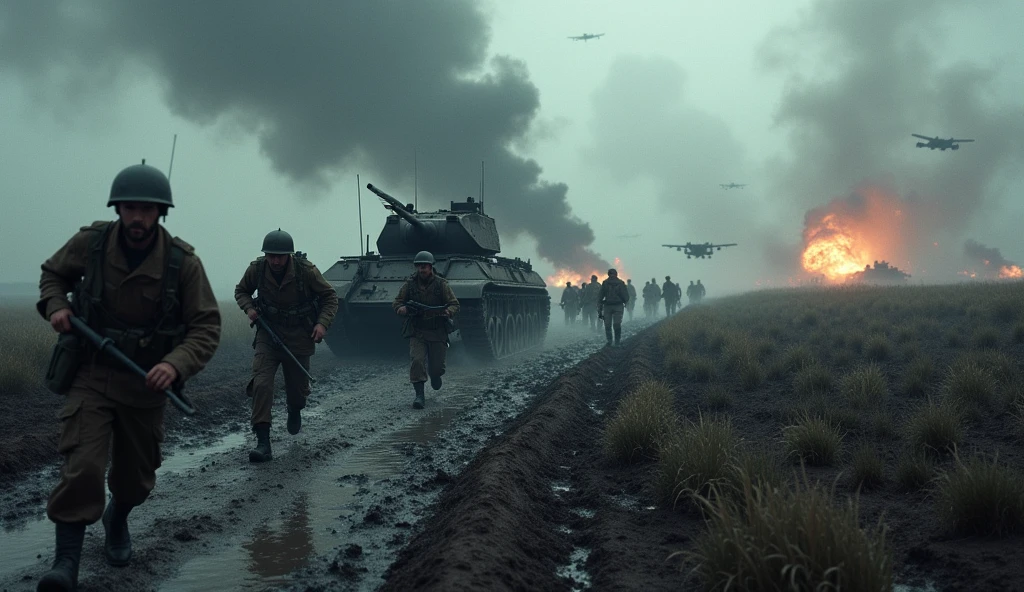 Nuke going off Heaven and hellStriking emotionally charged award winning photo, a scene depicting a devastated urban environment. a massive fiery mushroom cloud from a nuclear explosion is visible casting a haunting shadow over the destroyed cityscape. Close-up body shot of multiple heavily armed soldiers and children and citizens running away towards the camera, despair on their faces, multiple warplanes in the sky, destroyed tanks in the environment, chaos and devastation.