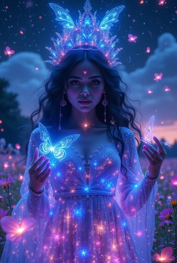 A surreal and majestic scene of a stunning, gorgeous, beautiful, extremely fair, full bodied, indian goddess. Her dress is radiating vibrant neon blue bioluminescent light, it's intricately designed with glowing stars and other celestial objects. Her hair is radiating vibrant neon pink and purple and blue bioluminescent light, ethereal light. She has a perfect, symmetrical face, smooth skin, White skin tone, white skin complexion, beautiful eyes. Natural pink juicy lips. She surrounded by a dreamlike glowing meadow of glowing bioluminescent plants and glowing bioluminescent colorful flowers and glowing butterflies. The Dark sky is has with pastel colored smoke cloud and galaxies and stars and planets. Crescent moon on the sky. Best quality, ultra highres, extremely detailed, perfect lighting.