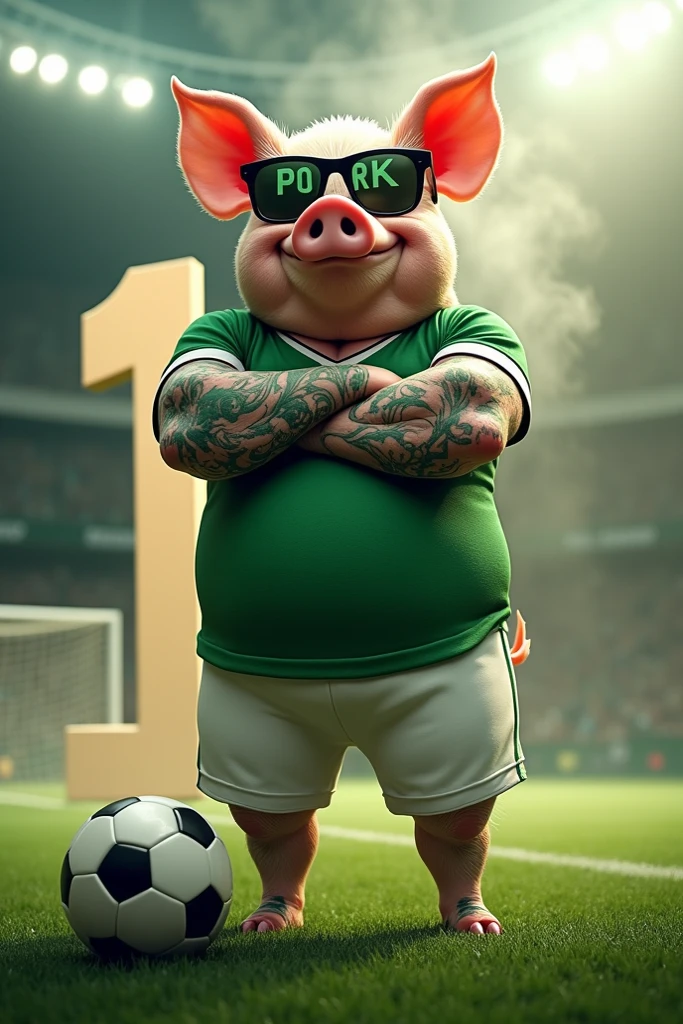 A muscular pig, chest puffed out and shirtless, green tattoos, crossing his arms above his head pointing the middle finger of both hands, inside a soccer stadium