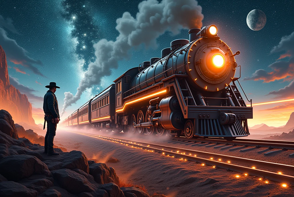 Train running in outer space,  runs on rails of light, cowboy shot, Light and a pocket watch run through the dark,  scenes from various ages are shown as backgrounds, ((UHD, textured skin, high details, best quality,  highres icon))