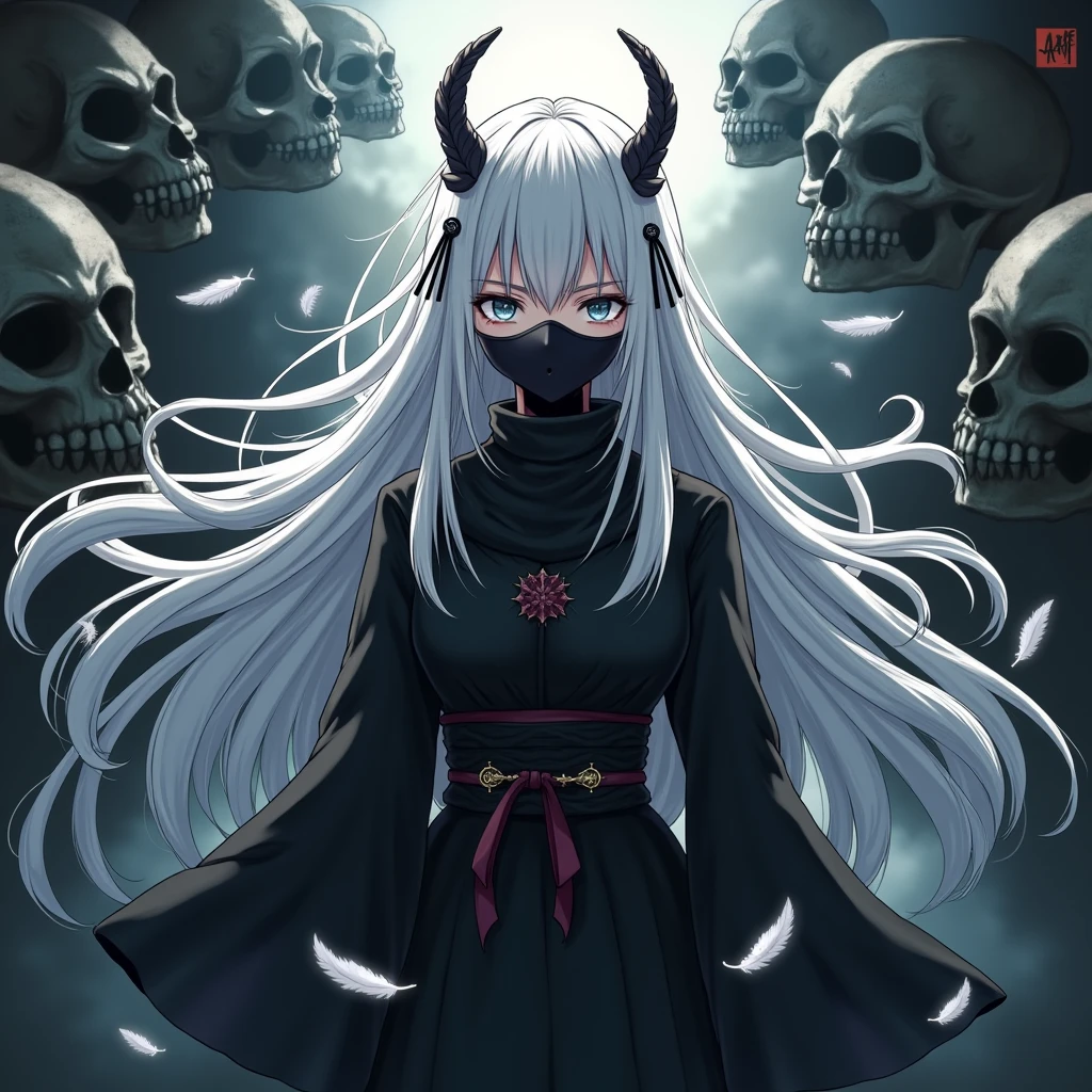 . The character in the image has a striking and dark visual, typical of a powerful being in dark fantasy animes or manga. Here is a detailed description: Overall appearance : Cabelo: Longo, hat (almost white), falling to the right side of the character. Olhos: Very large and shiny, with light blue or ice-blue pupils, , which transmits a supernatural or demonic aura. Pele: extremely pale, almost white, giving a strong contrast with the black details of the face and background. Expression: Neutra, scene with a fixed and penetrating gaze that reinforces the intensity of the image. Special Features: facial marks: There are black marks that resemble cracks or veins around the eyes, extending to the forehead and cheeks. Chifres/Black Branches: Black structures similar to branches or horns Do they sprout from the forehead and they project backwards and sideways. These elements appear organic, but may also have a mystical or demonic meaning. dark aura: The entire image has a dark tone with highlighted lines that suggest movement or release of power. This reinforces the idea that the character is at a crucial moment or activating some power. This character is probably a villain or a very powerful entity within her universe, with aesthetics that resemble demonic or supernatural creatures from animes like Demon Slayer, Jujutsu Kaisen or similar.