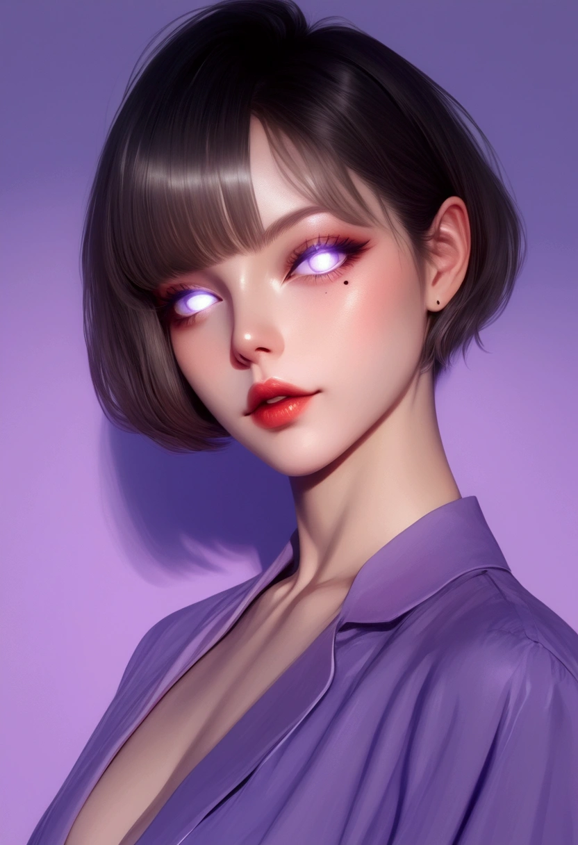 score_9, score_8_up, score_7_up, score_6_up, NCSTL, 1girl, flower, mole, solo, portrait, rose, glowing, mole under eye, parted lips, looking at viewer, simple background, black background, purple theme, glowing eyes, white eyes, short hair ,sharp lines, muted colors, gradient shading, clean edges, smooth blending, anime style, high contrast, minimal details, flat shadows.
