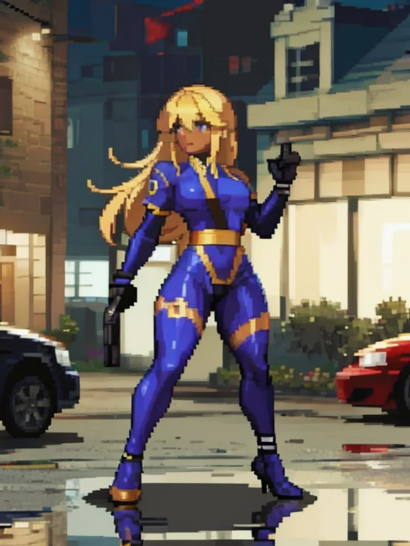 a black woman with blond hair , In black ninja clothes on a street from the 2000s.  with a full body.
