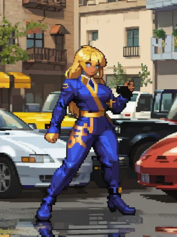 a black woman with blond hair , wearing sexy ninja clothes on a street from the 2000s.  with a full body.
