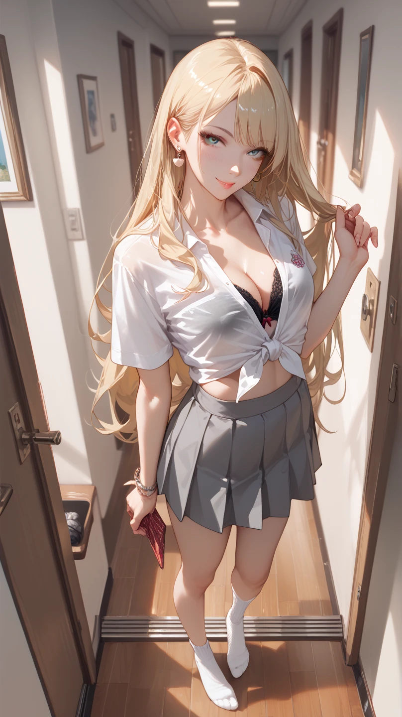 1girl, Long Hair, Looking at viewer, HD, Best Quality, Very Long Hair, Blonde Hair, Breasts, Earrings, Light Blush, Seductive Smile, school uniforme, tied shirt, grey skirt, long white socks, full body picture, at school hallway,From Above, black bra