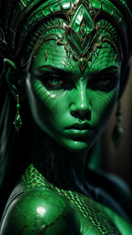 ((Emerald skin)), shiny marble texture skin, cracked veins, young woman, ((detailed face)), big eyes, (photo realistic), smooth textures, reptile.