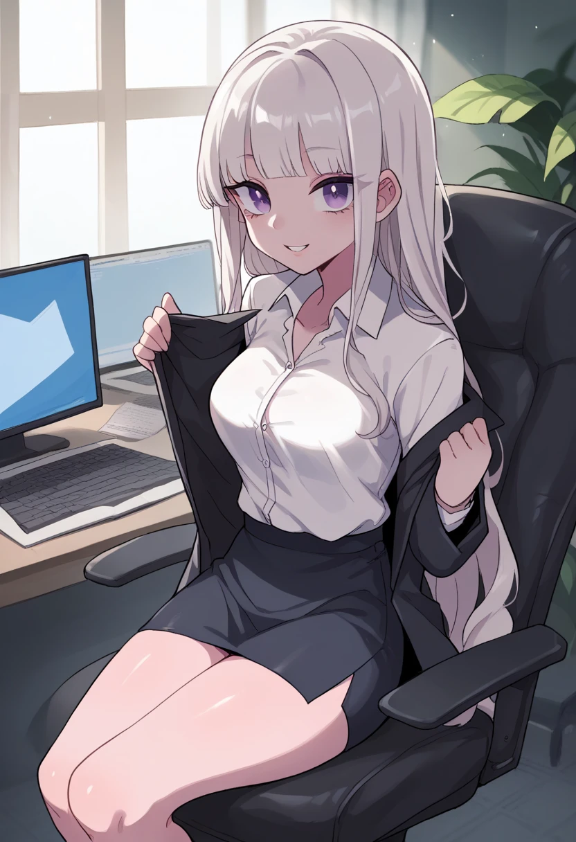 score_9, score_8_up, score_7_up, score_6_up, score_5_up, score_4_up, source_anime, 
1 girl, 20 years old, office lady, 
long hair, chignon, sideburns, silver hair, blunt bangs, break purple eyes, big eyes, long eye lasher, medium breasts, seductive thighs, shiny skin, pink skin, 
detailed cloth texture, break white collarless shirt, break long sleeve navy suit jacket) break light brown tight skirt, break 
beautiful scenery, computer office, sitting on chair, happy smile, parted lips,
