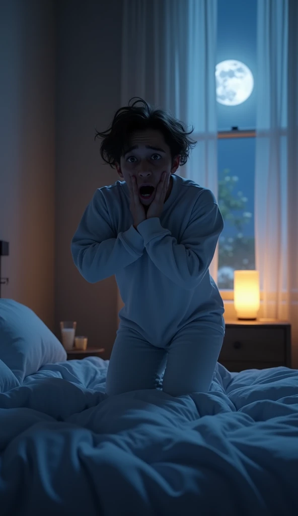 Boy lying on his bed with astonished face