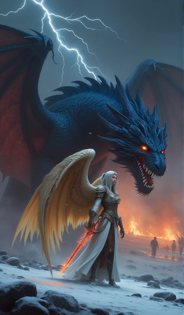 **Drawing Description (Third Verse):**  
The scene depicts an angelic warrior and her dragon standing side by side on a desolate battlefield, moments before an epic clash. The angel’s white-and-gold wings are partially spread, glowing faintly in the grim, ash-filled air. Her silver hair cascades down her shoulders, catching the flickering light of nearby flames. She grips her fiery red sword tightly, its blade blazing with an intense aura, casting crimson reflections on the snow-dusted ground beneath her feet. Her piercing eyes, alight with unyielding resolve, focus on the shadowy enemy forces gathering in the distance.  

The dragon, towering beside her, is a fearsome yet majestic figure. Its sapphire scales glint in the glow of distant fires, and its sharp, glowing eyes mirror the angel's determination. Trails of smoke rise from its nostrils, and faint blue embers flicker along its massive jaws. Its wings are partially unfurled, ready to take flight, while its claws dig into the snow, bracing for battle.  

The landscape is bleak, covered in snow tinged with ash, illuminated by a fiery sky torn by flashes of lightning. The tension in the air is palpable as the angel and dragon stand united—a breathtaking embodiment of courage, ready to defend their realm against overwhelming darkness.