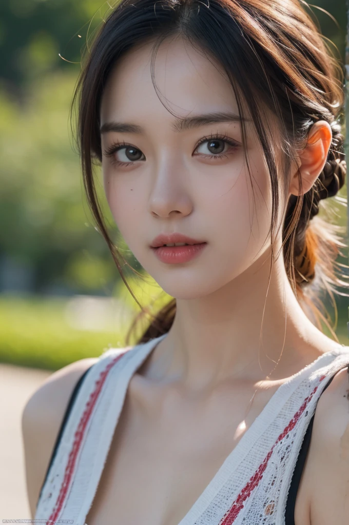 White shirt,jeans,outdoors,Urban Park,On the lawn,One woman,close up face,fully body photo,masutepiece, The highest image quality, High quality, the background is clear,Beautiful woman, Japanese, Detailed, Detailed eyes, Detailed skin, Beautiful skin, 超hight resolution, (reality: 1.4),Very beautiful woman, Slightly younger face, Beautiful skin, slender, (Ultra photo realsisim), (hight resolution), (8K), (Very detailed) (beautifully detailed eyes), (super detailed), (Detailed face), view the viewer, Fine details, Detailed face, Staring straight ahead, Staring straight ahead, photos realistic, Bright lighting, Professional Lighting, Black hair,poneyTail,a baby face,sixteen years old,Hairstyle: ponytail,Long ponytail hairstyle,slight smile,