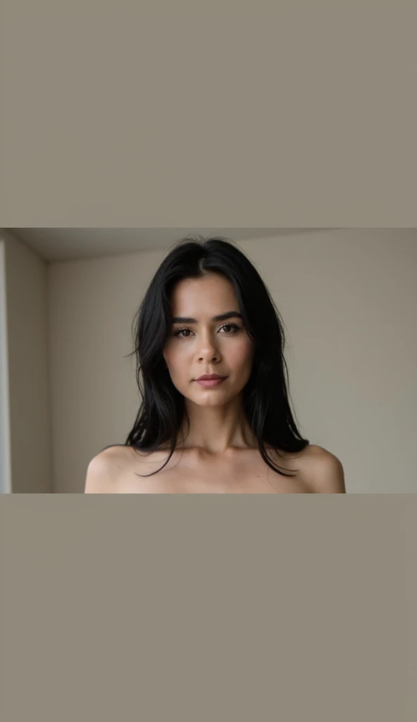 RAW photo,dark,moody,35mm focal lenght,underexposed,cold,candid photograph,artistic,full body,photo of a beautiful,influencer,30yo Kurdish woman, detailed skin,naked, looking away from viewer, thick body structure,grey background,no background, candid pose,dim room,blue light, film grain, kodak color, instagram LUT