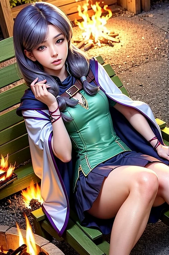 Illustration, realistic proportions, Ilyana from Fire Emblem, lavender hair, green shirt, purple skirt, cape, ribbon, sitting on a bench, near a campfire, legs dpread, masturbation