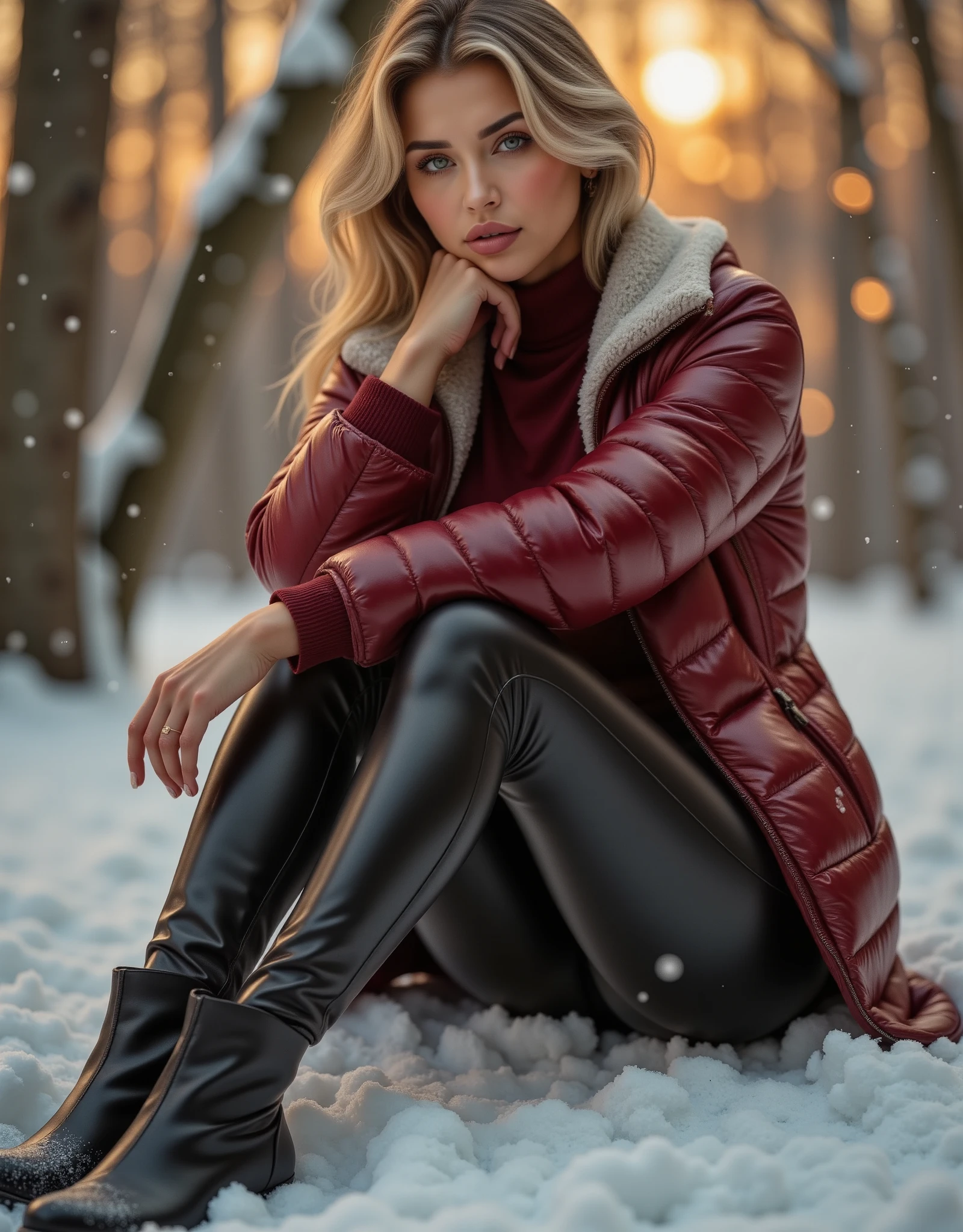 mik4ylademflx wearing a bordeaux red turtleneck sweater and a shiny puffer jacket and black leather pants, blonde hair, winter, She is seated on the ground in the snow, with her legs bent and her boots extended towards the camera. whimsical, intricate brush strokes, beautiful lighting, intricate details, Unreal Engine, creative, expressive, detailed, colorful, digital art, unique, HW*, amber twinkle lights in background, sunset, snowing, seductive, 