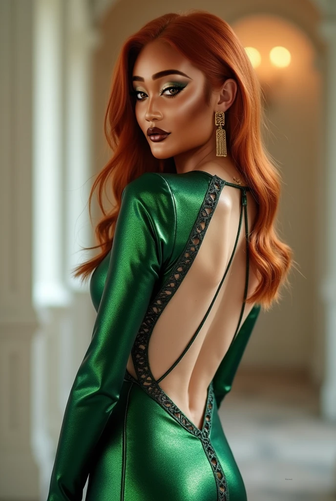 Create a book cover titled "El Precio del Deseo". The cover should combine sensuality, danger, and luxury, reflecting the main themes of the novel. The central scene features a woman known as "La Gata", an exotic beauty with long, wavy black hair. Her green, penetrating eyes should be a focal point. She is wearing a form-fitting red silk dress that highlights her curves and elegance. In the background, depict a dark, luxurious stora
