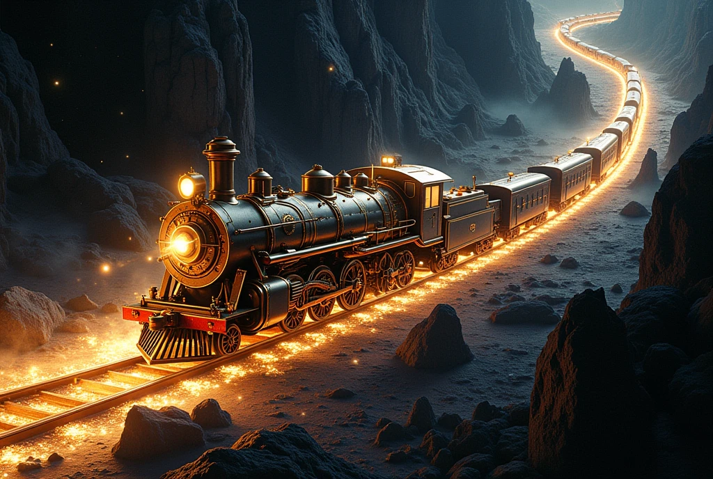  outer space :1.5, rail of light, 時計をモチーフにした列車が outer space を走る, Light and a pocket watch run through the dark,  scenes from various ages are shown as backgrounds, ((UHD, textured skin, high details, best quality,  highres icon))