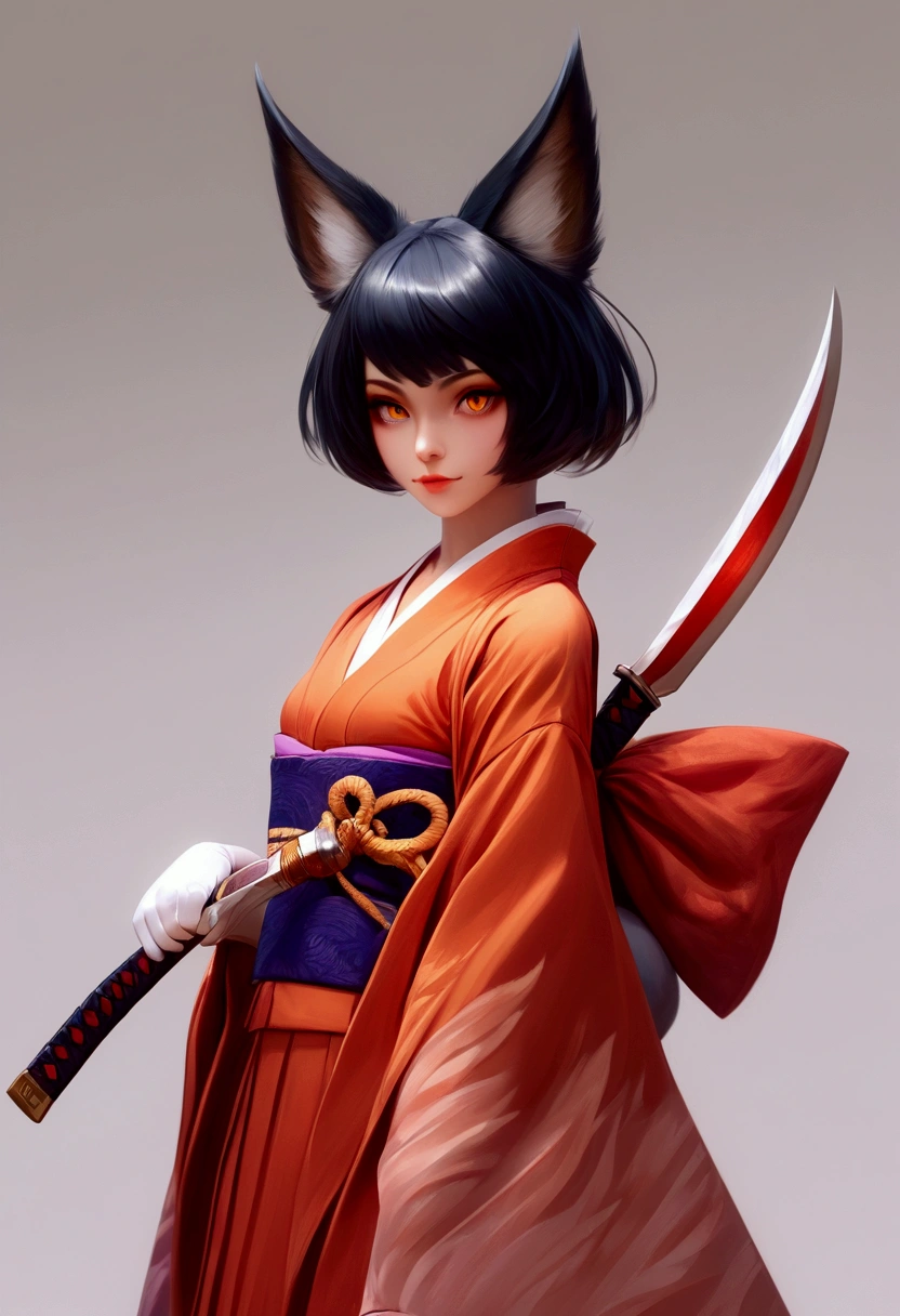 score_9, score_8_up, score_7_up, score_6_up, NCSTL, 1girl, animal ears, solo, japanese clothes, gloves, black hair, kimono, fox ears, short hair, sash, white gloves, orange eyes, red kimono, obi, knife, holding, wide sleeves, looking at viewer, weapon, sharp lines, muted colors, gradient shading, clean edges, smooth blending, anime style, high contrast, minimal details, flat shadows.
