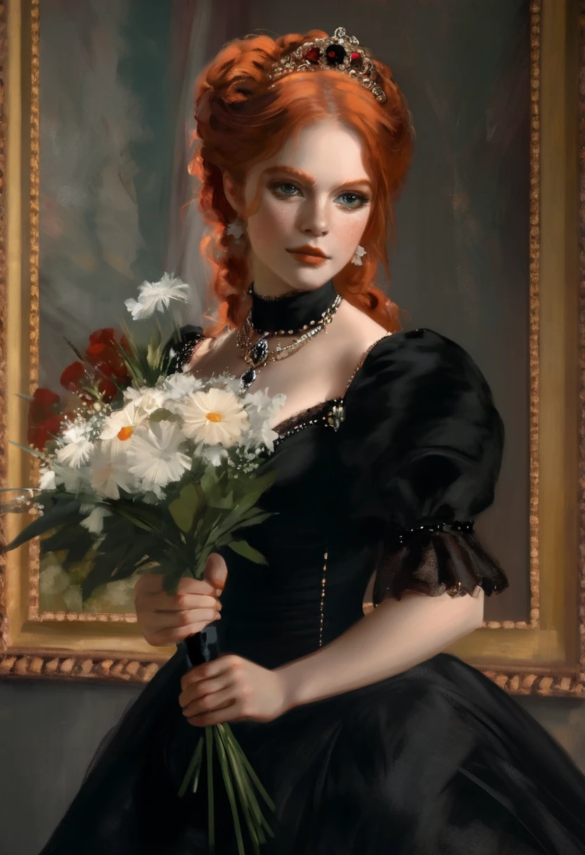 young Sophie Alexandra Skelton in a black dress with a bouquet of flowers, Portrait of an actress, red hair, inspired by Franz Xaver Winterhalter , Portrait of Lolita, Auguste Renoir , Degas, portrait of a young empress , young woman , , portrait of young woman