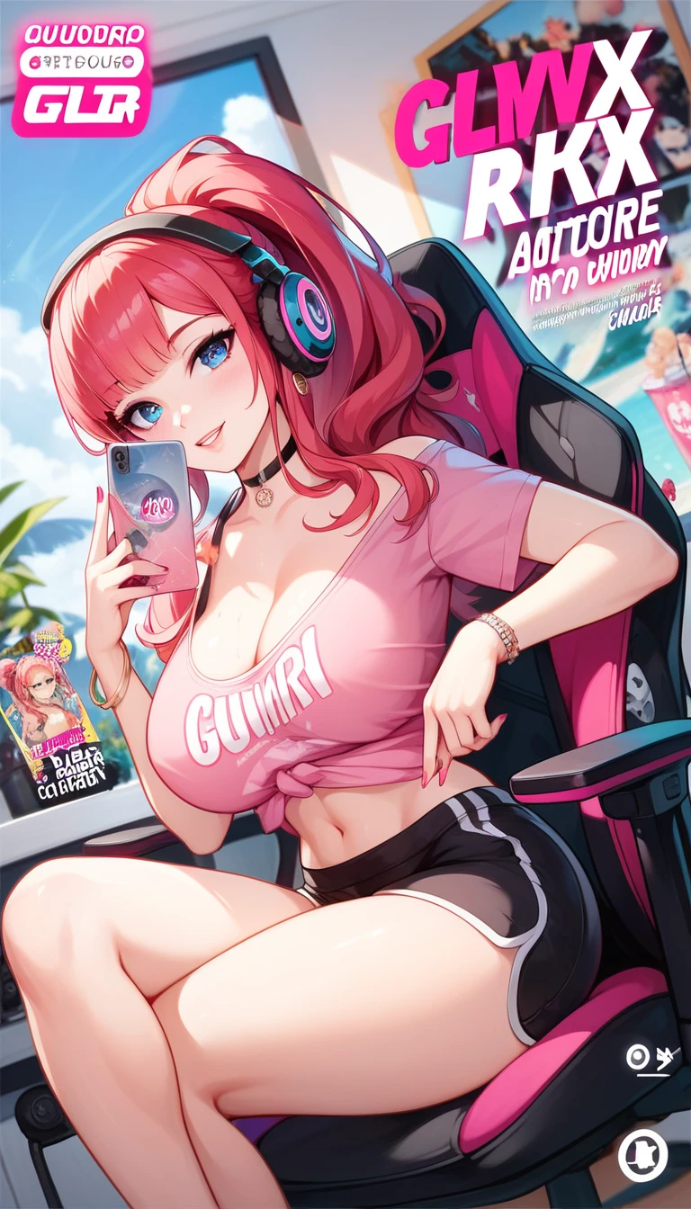 masterpiece, best quality, highly dramatic picture, beautiful eyes, cinematic lens effect, big beautifully shaped breasts , ultra cute, ultra sexy, ultra bouncy , ultra curvy , horny , pervert, Dutch angle ((Busty Bitches)), magazine cover :ecchi girl, gamer girl, gamer chair, pink tshirt, black shorts, red ponytail, streaming ,  