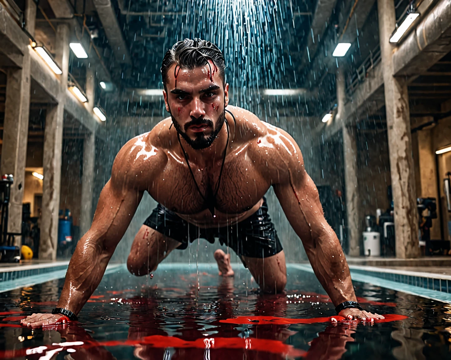 A muscular, buzzcut teenager in wet soccer kit screams while crucified in a torture chamber