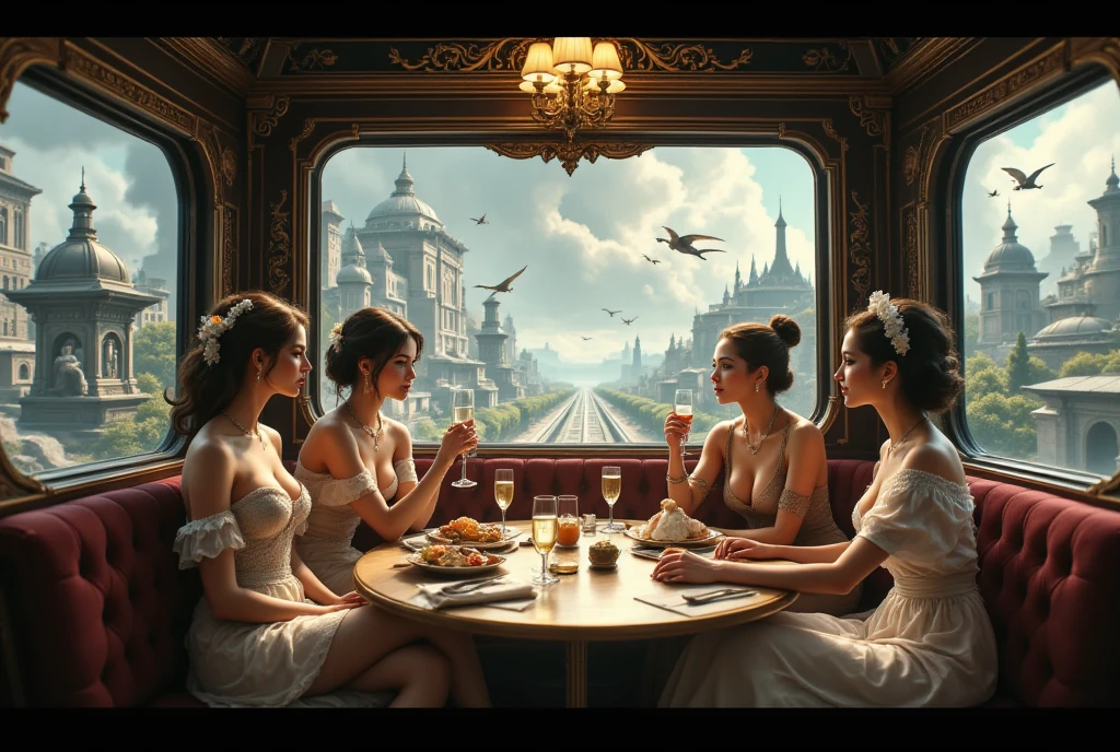   ((masterpiece, highest quality, Highest image quality, High resolution, photorealistic, Raw photo, Extremely detailed CG unified 8k wallpaper)), Time-Traveling Train, The train travels through time and space, retro cabins, historical celebrities are on board regardless of time period (Cleopatra, Yang Guifei, and Ono no Komachi are drinking champagne and badmouthing men, beautiful drunk women,), and scenes from all eras float and fly away like a vision out the window,