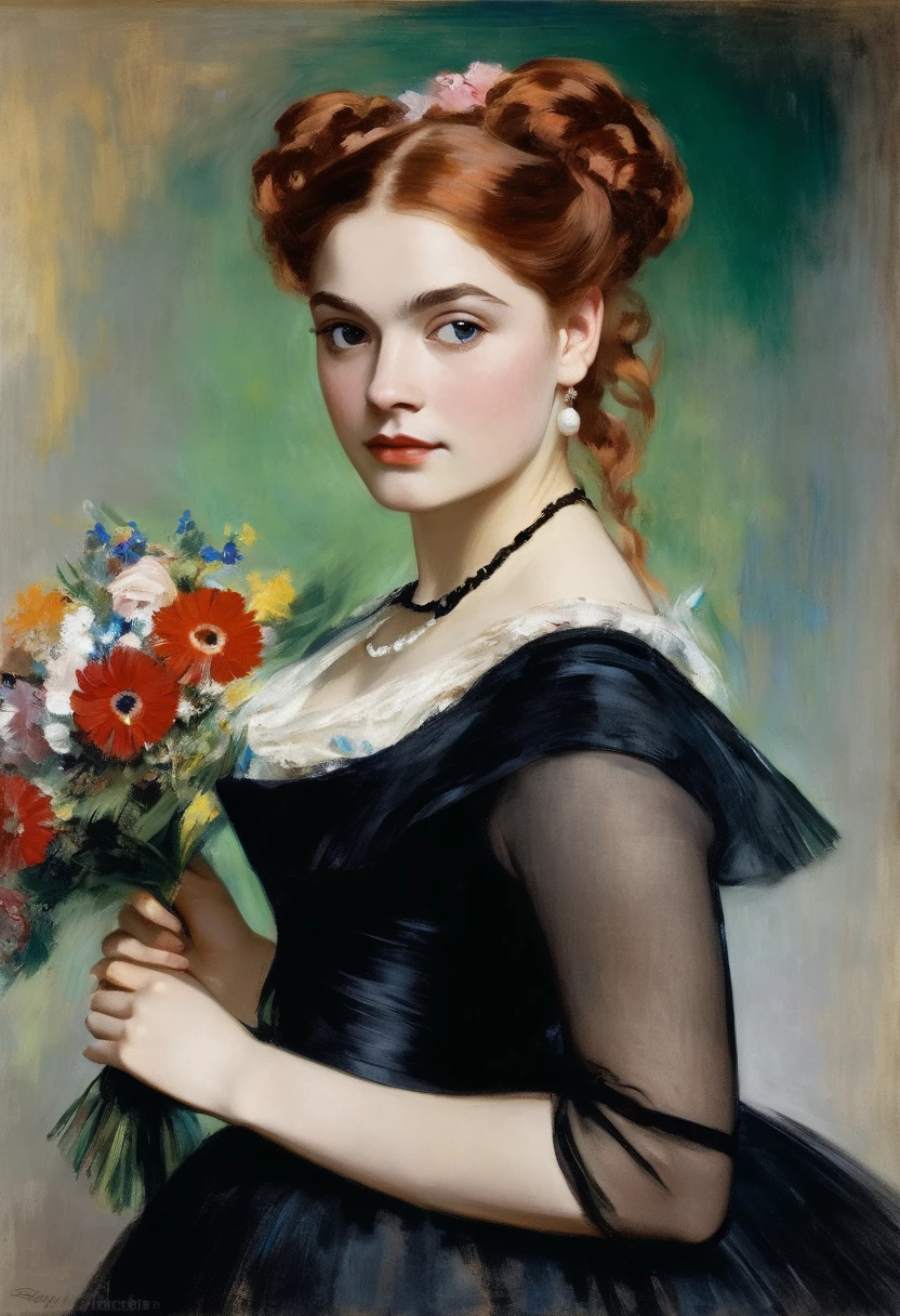 young Sophie Alexandra Skelton in a black dress with a bouquet of flowers, Portrait of an actress, red hair, inspired by Franz Xaver Winterhalter , Portrait of Lolita, Auguste Renoir , Degas, portrait of a young empress , young woman , , portrait of young woman