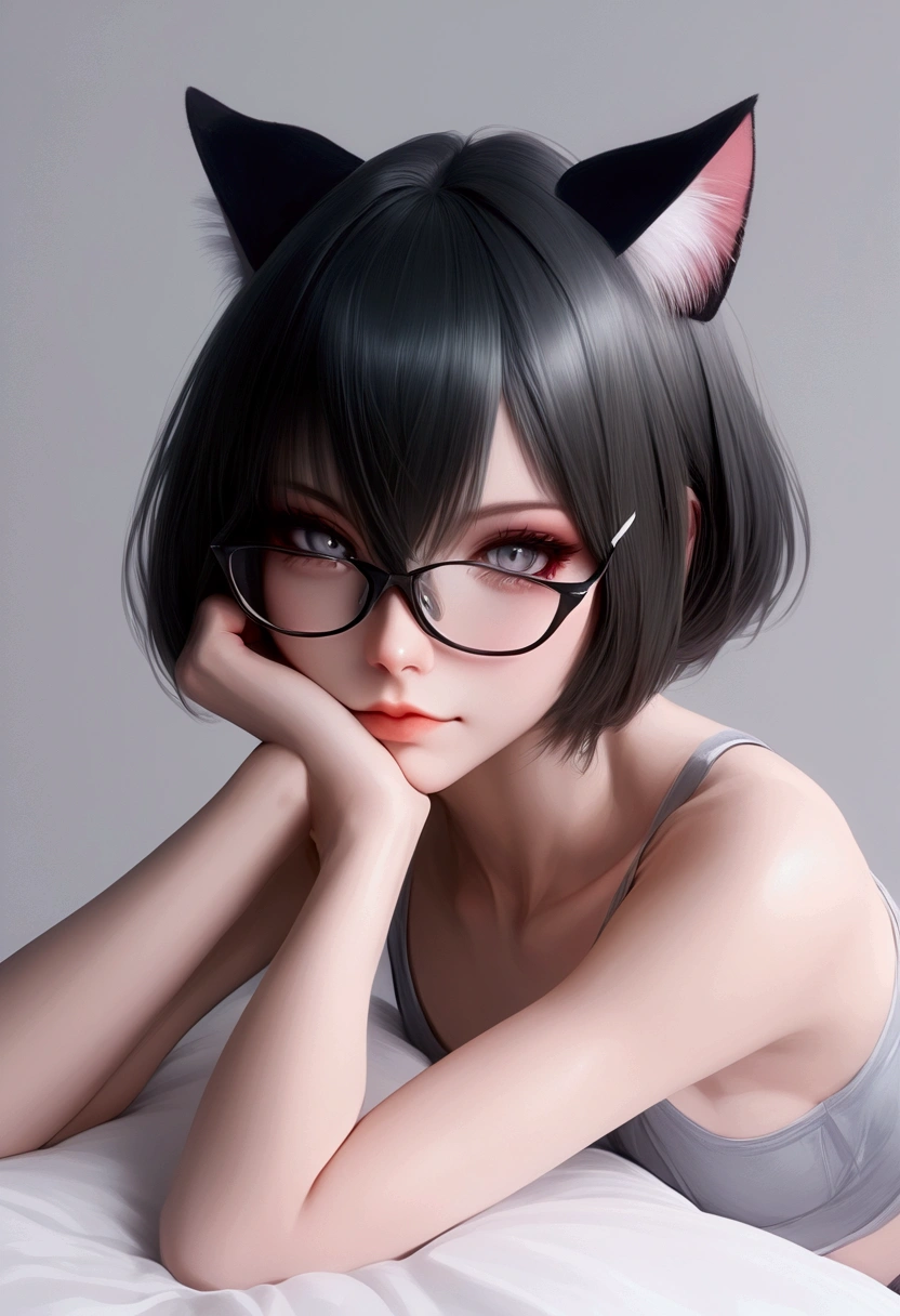 score_9, score_8_up, score_7_up, score_6_up, NCSTL, 1girl, animal ears, glasses, solo, cat ears, looking at viewer, short hair, black hair, hair between eyes, head rest, lips, grey eyes, black-framed eyewear, grey background, earrings, simple background, sharp lines, muted colors, gradient shading, clean edges, smooth blending, anime style, high contrast, minimal details, flat shadows.
