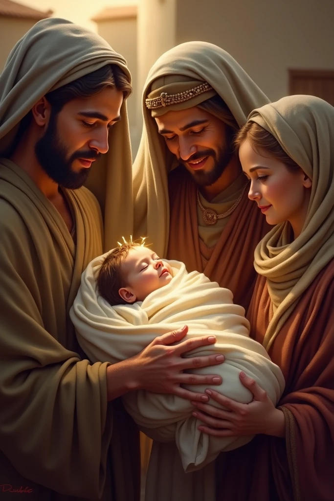 Hazrat Zakariya and his wife holding their newborn son, Hazrat Yahya, with joy and gratitude on their faces.