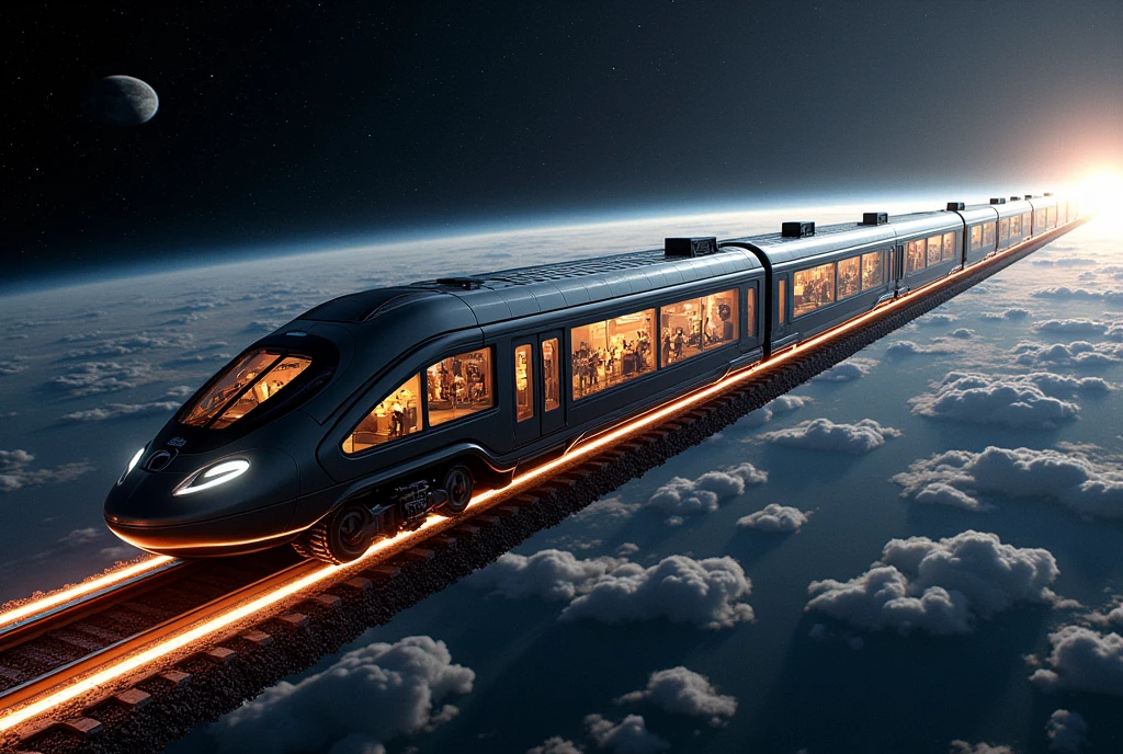  outer space without ground :1.5, A rail made of light :1.3,  a train with a watch as a motif:1.2,  outer space without ground を走る, Light and a pocket watch run through the dark,  scenes from various ages are shown as backgrounds, ((UHD, textured skin, high details, best quality,  highres icon))