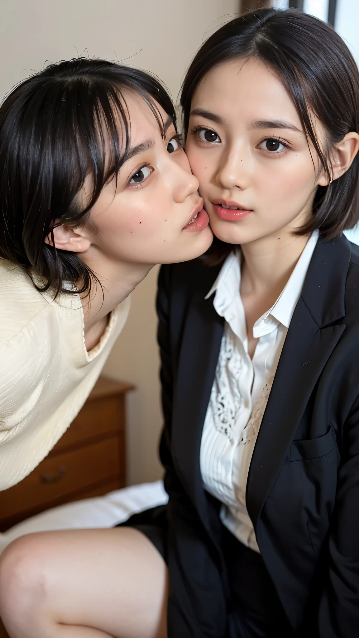 RAW photo, 2 girls, incredibly absurd, 30 years old, beautiful girl, (cute), (short hair), photo shoot, realistic, Depth of the bounds written, High resolution, Super detailed, delicate, very detailed, highly detailed eyes and face, sharp pupils, Realistic Office Lady, sharp focus, dark Natural lighting, Eye and face details, Blouse, japanese Office suits, mini skirt, cowboy shot full body, (wind lift:1.6), cameltoe, sitting on a bed with knees up, M-shaped spread legs, lace underwear, stare, Big breasts that are about to burst, Close-up, perfect body, side view, hove to pee