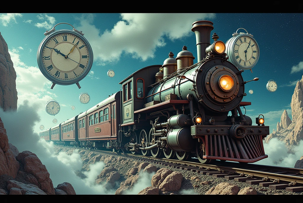  outer space :1.5, rail of light, 時計をモチーフにした列車が outer space を走る, Background with lots of distorted clocks floating ,  Scenes from various ages are shown as backgrounds, ((UHD, textured skin, high details, best quality,  highres icon))