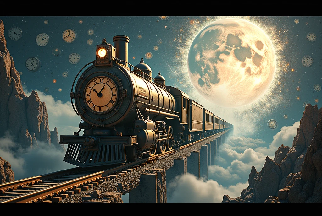  outer space :1.5, rail of light, 時計をモチーフにした列車が outer space を走る, Background with lots of distorted clocks floating ,  Scenes from various ages are shown as backgrounds, ((UHD, textured skin, high details, best quality,  highres icon))