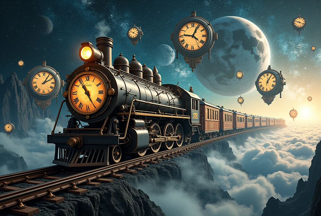  outer space :1.5, rail of light, 時計をモチーフにした列車が outer space を走る, Background with lots of distorted clocks floating ,  Scenes from various ages are shown as backgrounds, ((UHD, textured skin, high details, best quality,  highres icon))