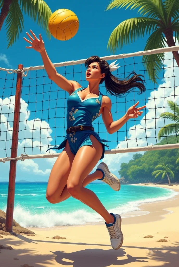 An anime woman on the beach playing sports with a wooden racket with a handle that fits in her hand