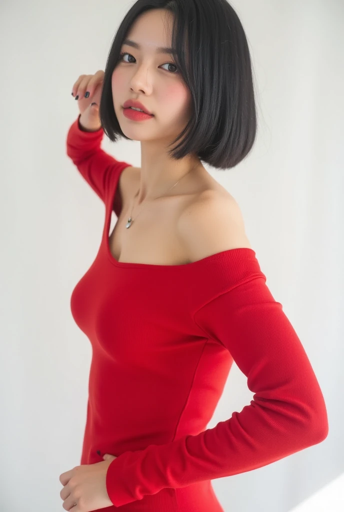 (Best quality)， (Masterpiece)， (High detail)， 32K， Official Art， 32K HD wallpaper， high quality， 1 girl， short hair， dancing， red off-the-shoulder sweater， Minimalist outfit， Lighting， Minimalist outfit， no pattern， cowboy_shot， white background， (available light: 1.3)， blurred background， headlights， Masterpiece， best quality， 32k uhd， very detailed,