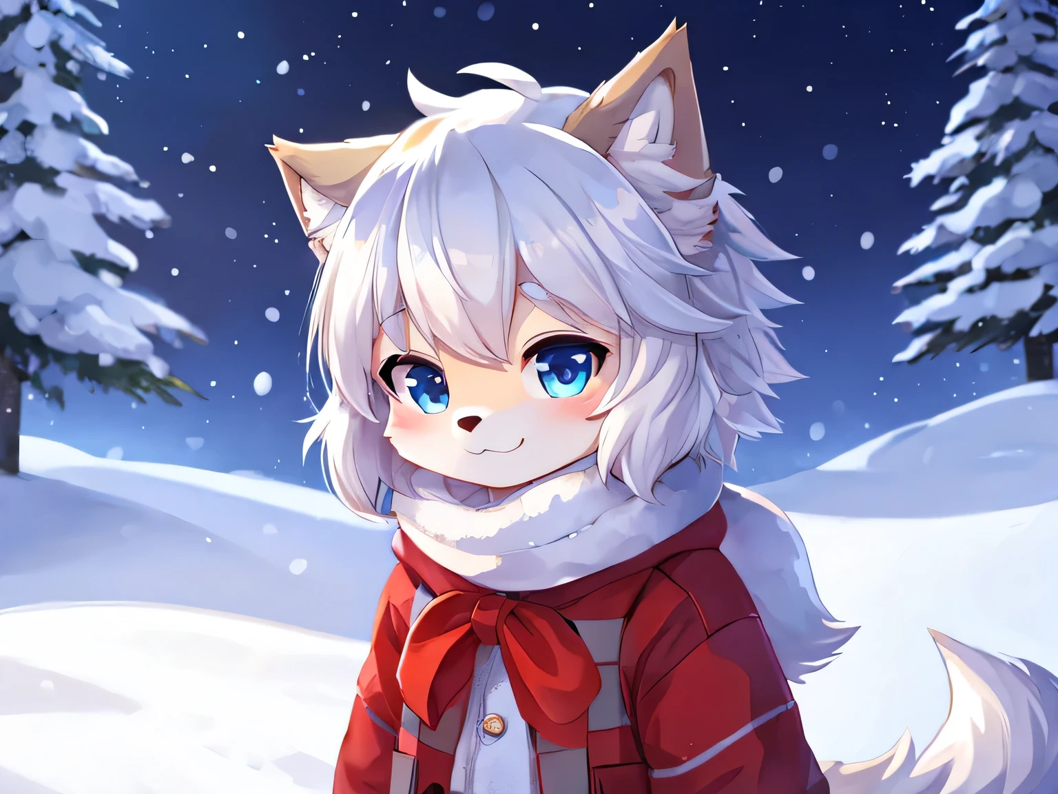  young fluffy wolf,  cute hairstyle , covering one eye , cute background , Winter Attire 