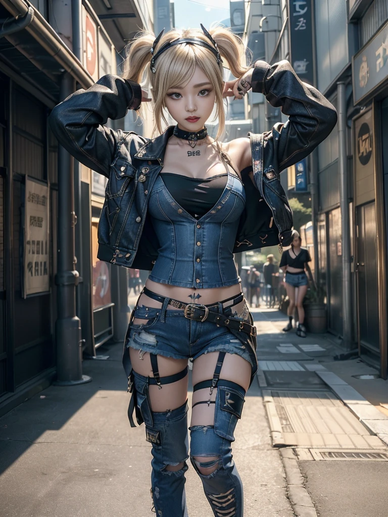 (Beautiful lips and nose:1.4)、(Long eyelashes:1.4)、(Smiling with teeth showing:1.3),(Shibuya Gal:1.5)、(Gothic intricately decorated dress:1.5)、(Tattered denim and black punk rock cargo pants:1.5)、(Denim and black navy skull mark small jacket:1.4)、(denim garter belt:1.5)、(Black and denim knee socks:1.3)、(Skull Silver Accessories:1.5)、(Denim collar:1.3)、(hair band:1.3)、(Brown Skin Belt:1.4)、(Brown boots:1.2)、(The underwear is striped:1.4)、3、((Highest quality、In 8K、masterpiece:1.3))、Sharp focus:1.2、(Layered Cut、Huge boobs:1.1),Beautiful woman with perfect figure:1.4、(Dancing vigorously:1.3)、Slender Abs:1.2、Highly detailed face and skin texture、Detailed eyes、double eyelid,(Twin tails:1.3)、(Cream colored hair:1.3)、Gravure idol、(The background is an outdoor dance stage with bright sunlight.:1.3)、(Slim Body:1.2),(Make your legs thinner:1.4),(clavicle:1.1)