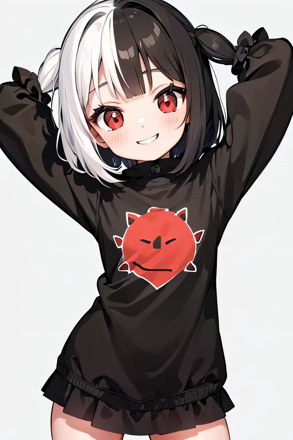 A young girl with short split white and black color hair and red eyes naked with a mischievous smile
